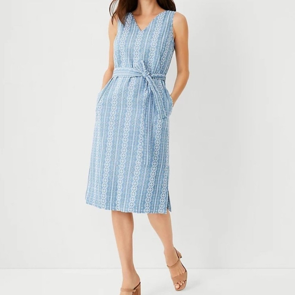 Ann Taylor Embroidered Chambray V-Neck Midi Dress